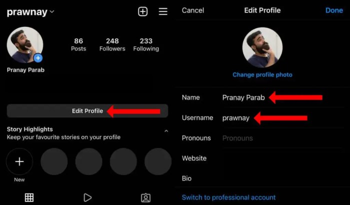 Instagram change username profile account edit tap settings button